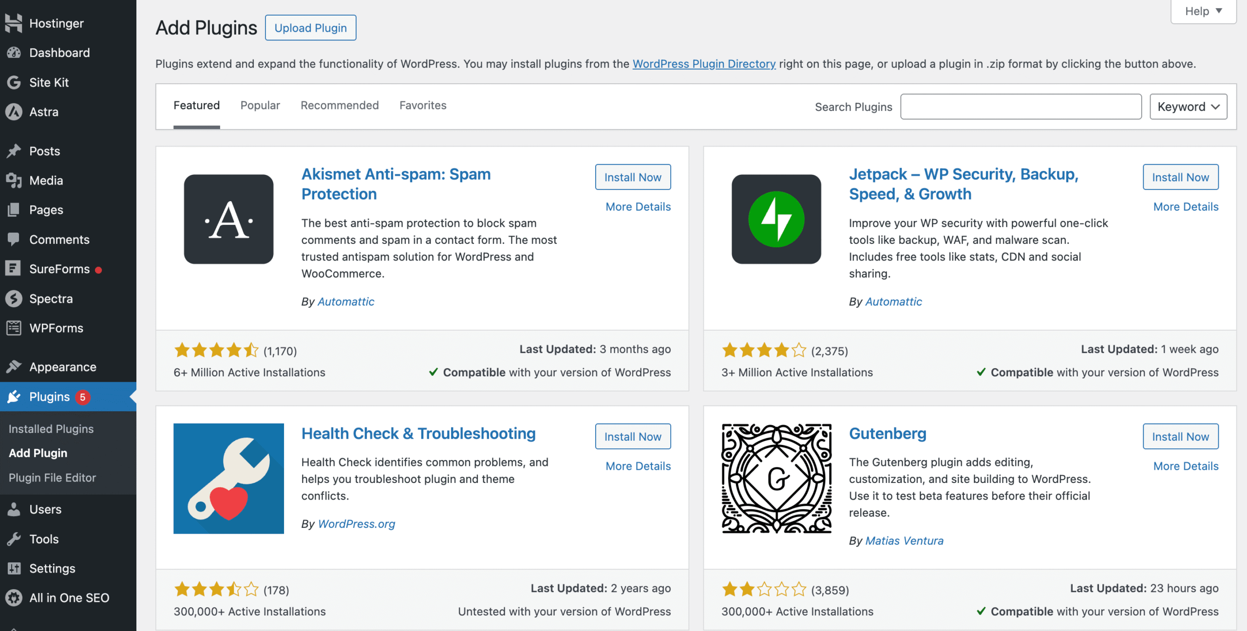 WordPress Add Plugins page showing the official Plugin Directory and available plugins.