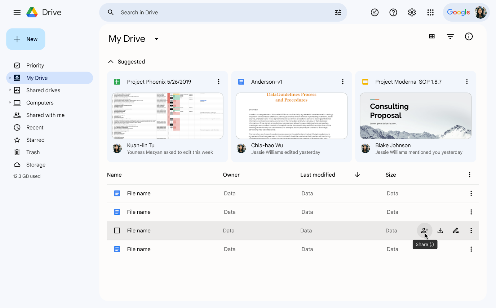Google Drive interface showing folders, files, and navigation tools.