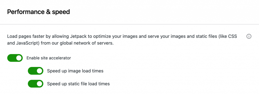 Alt text: Jetpack Site Accelerator settings in the WordPress dashboard.