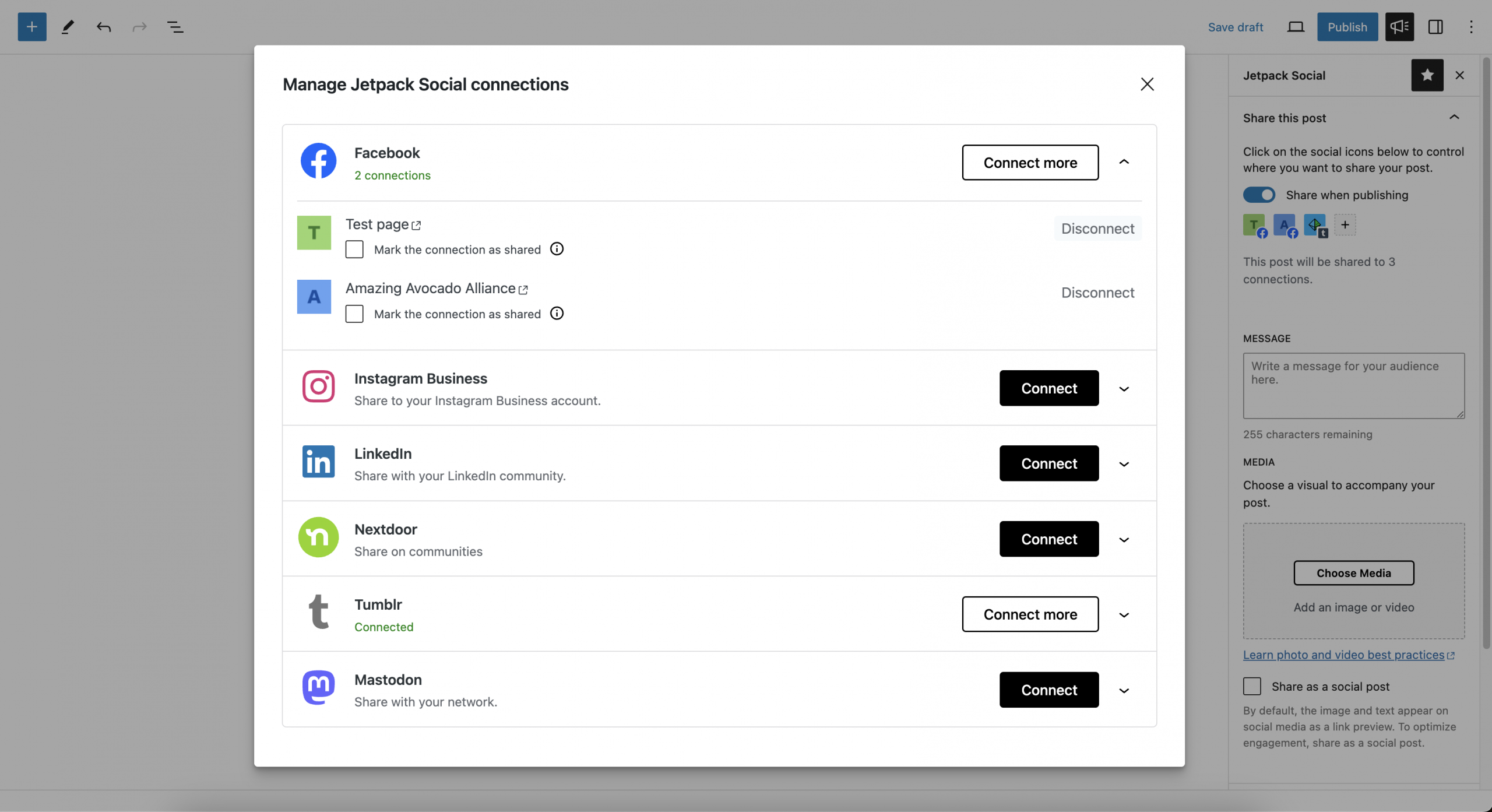 Jetpack Social plugin page on WordPress.org showing social media sharing features.