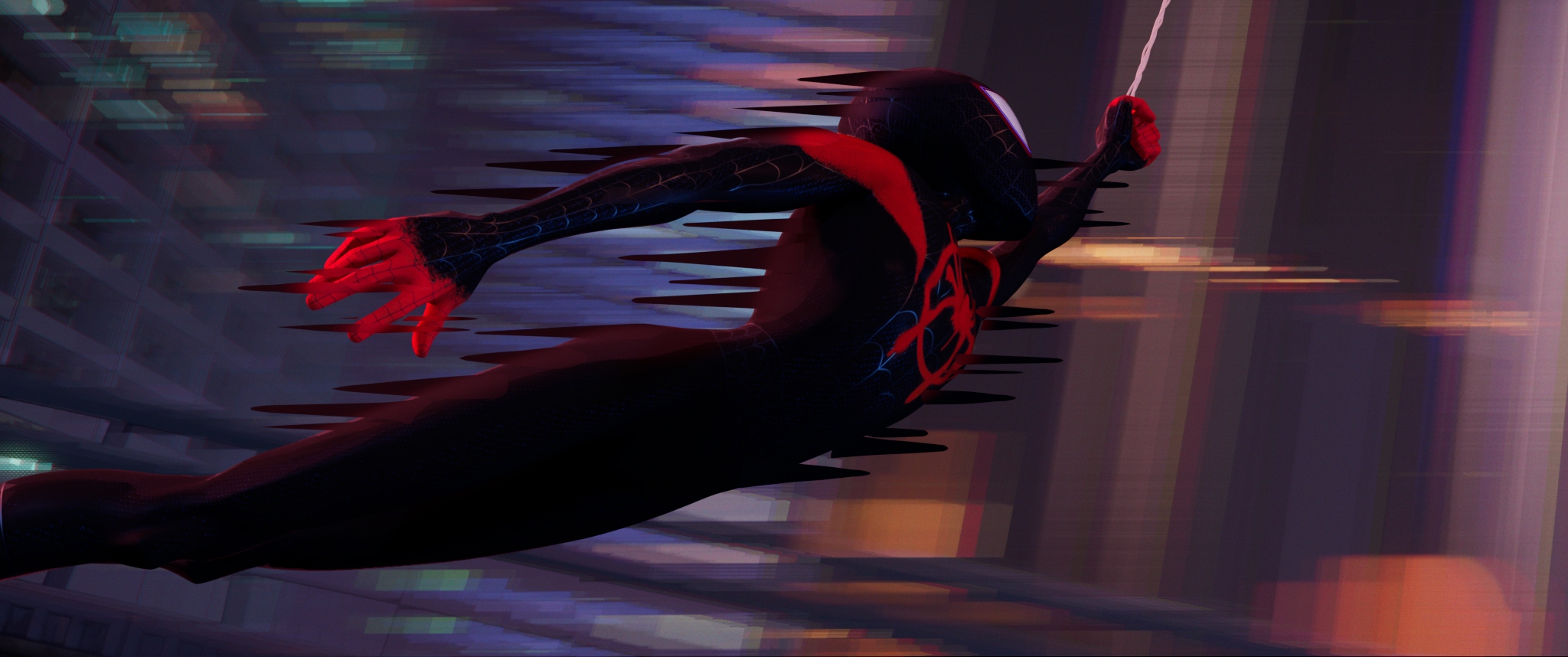 Miles Morales running with stylized motion blur and comic-inspired animation effects in Spider-Man: Into the Spider-Verse.