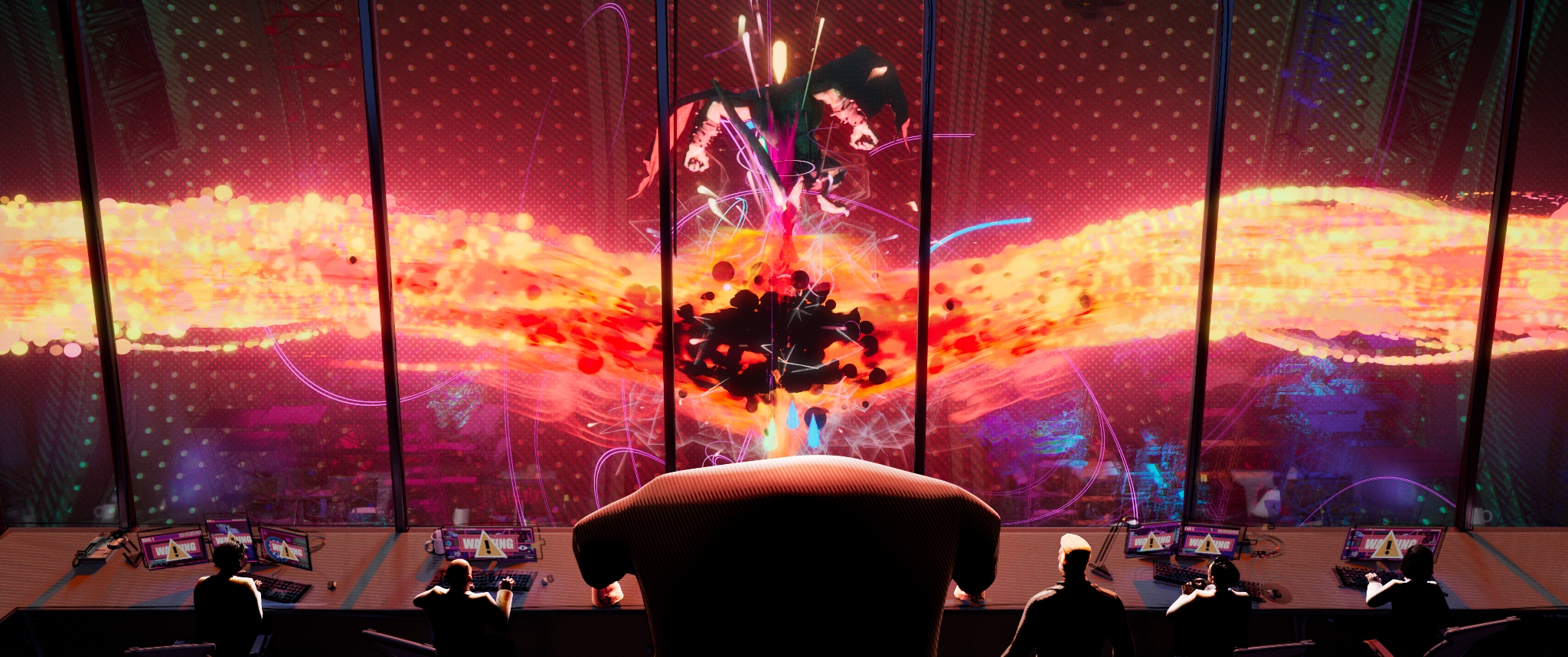 The collider creating a colorful energy before explosion in Spider-Man: Into the Spider-Verse.