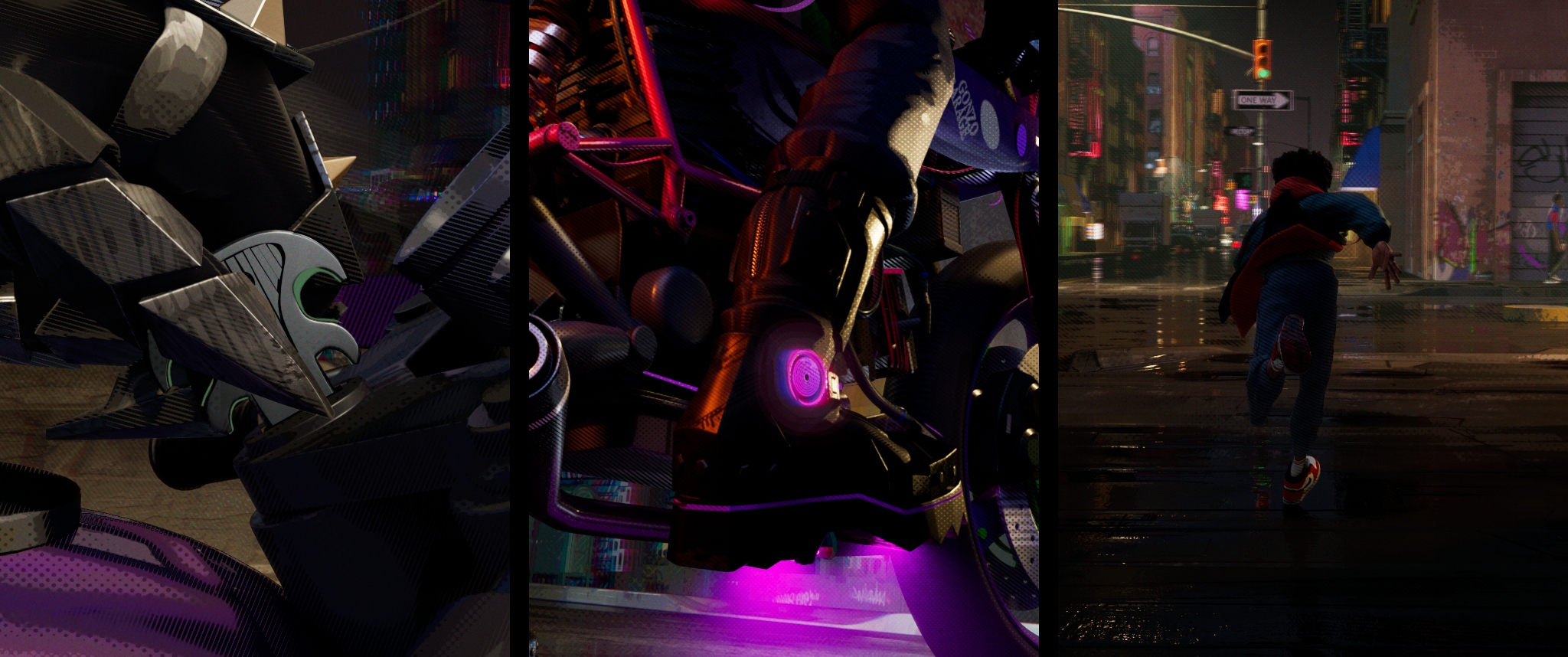 Comic-book style frame from Spider-Man: Into the Spider-Verse showcasing the film's stylized animation and visual design.