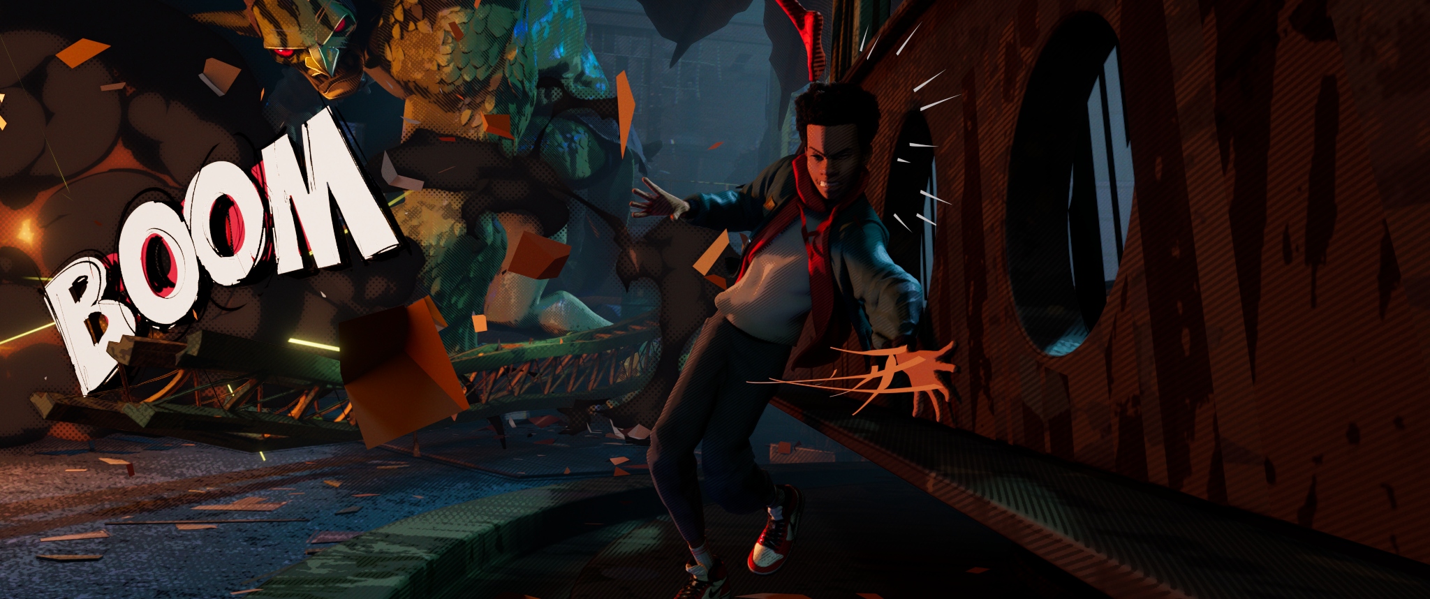 Miles Morales with comic-book "BOOM!" sound effect and stylized motion lines.