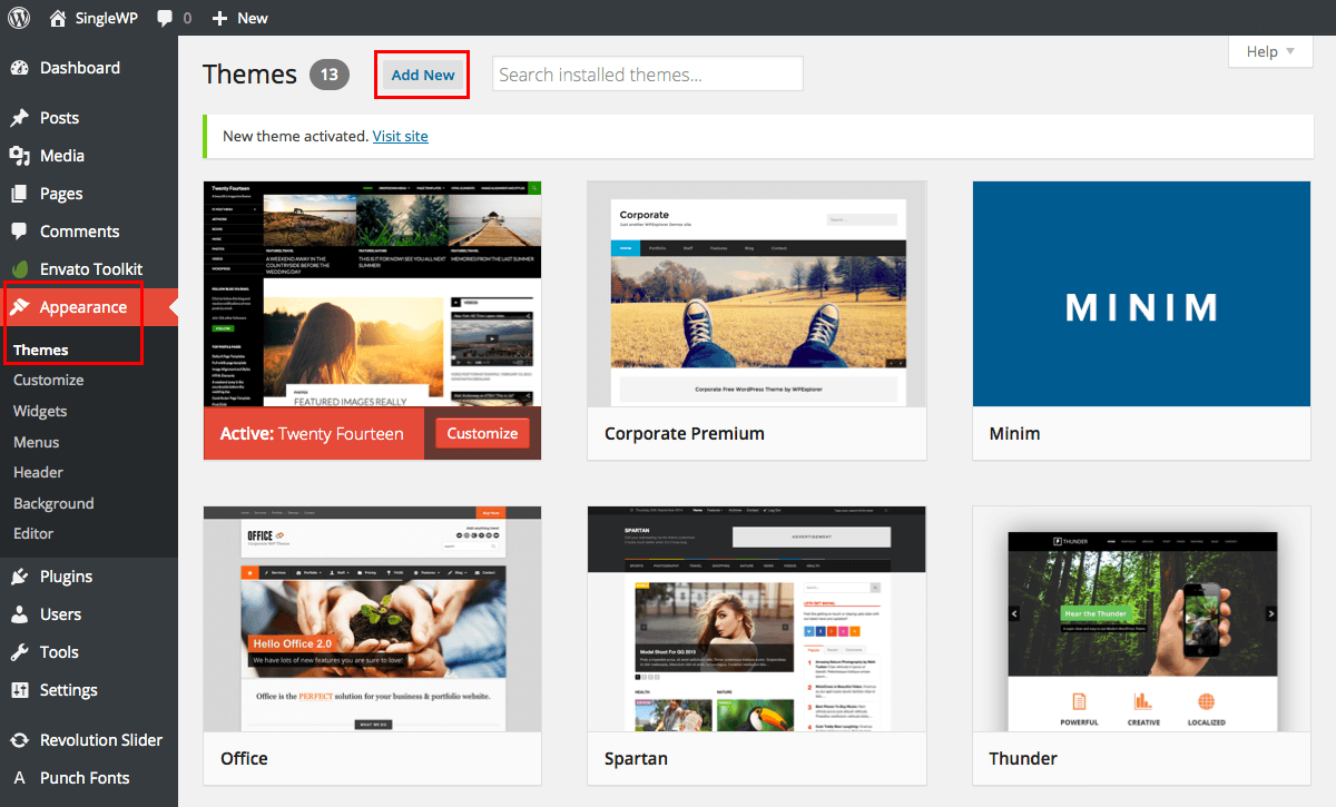 WordPress Themes screen displaying installed themes and the option to add a new theme.