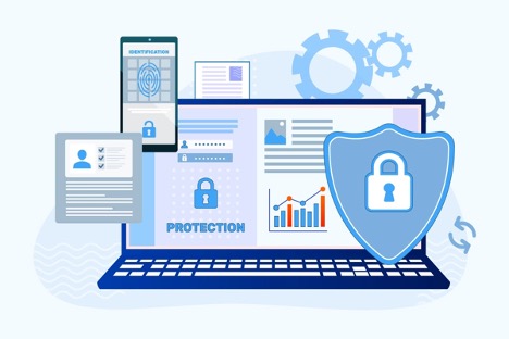 Website security illustration showing a computer protected by a security shield.
