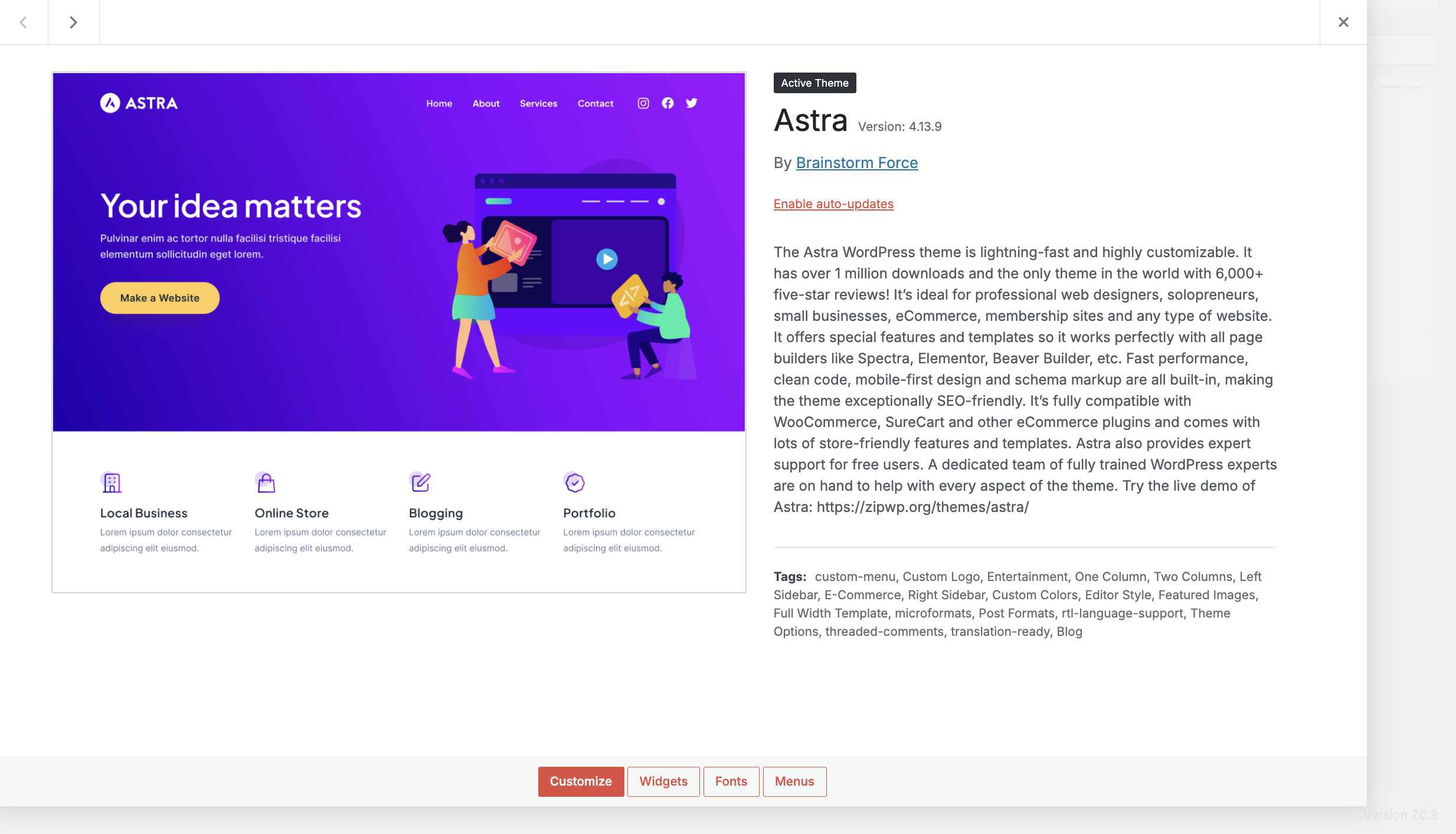 Astra activated as the active WordPress theme