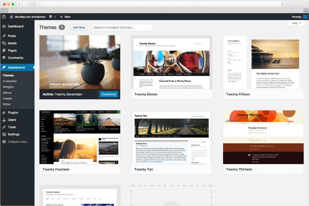 WordPress dashboard showing available themes