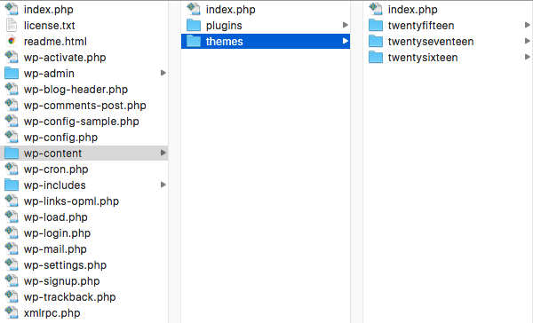 WordPress theme directory structure showing theme folders