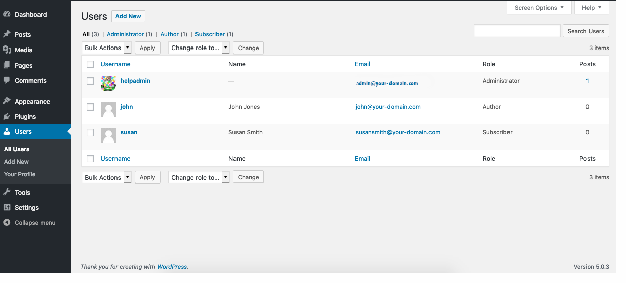 WordPress Users screen showing administrator, editor, author, contributor, and subscriber roles.