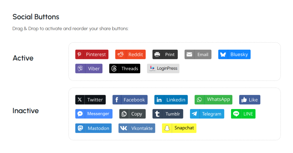 Simple Social Media Share Buttons interface showing active and inactive social networks
