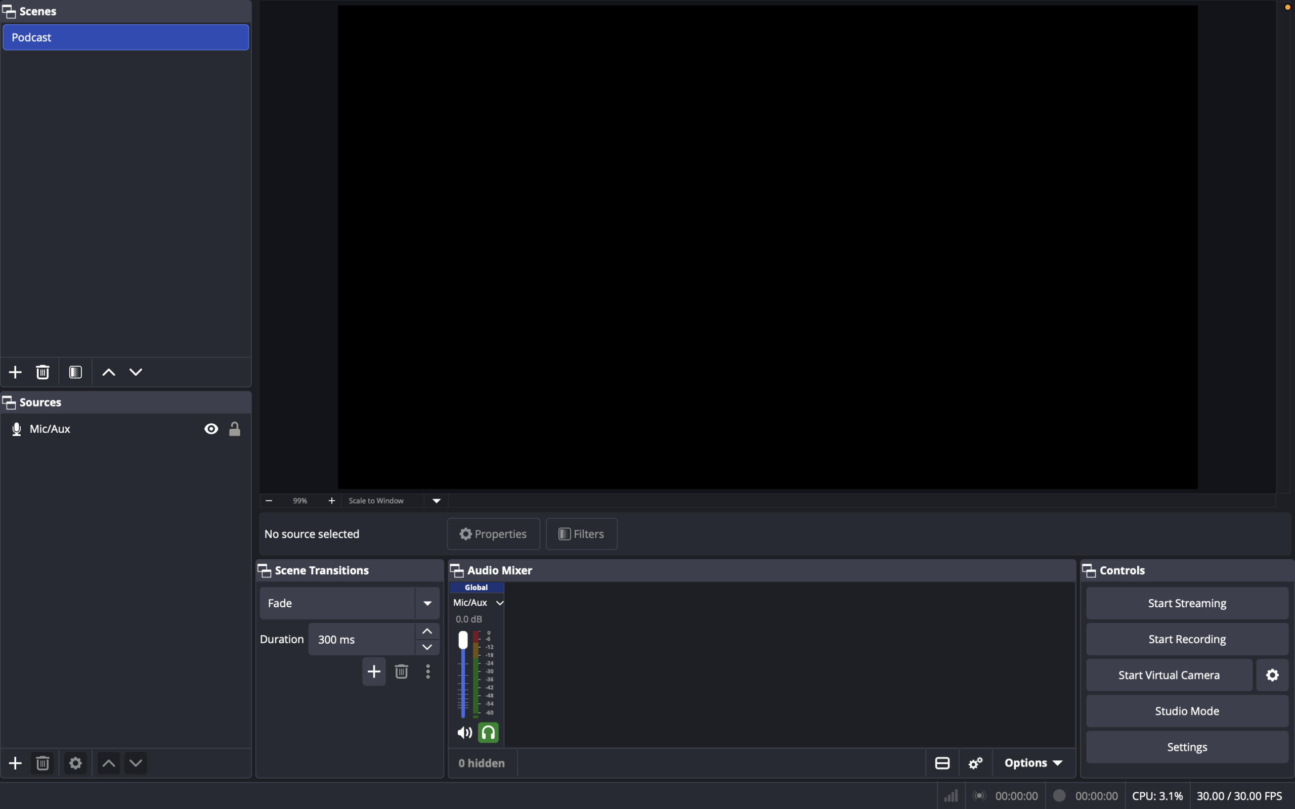 OBS Studio podcast scene with microphone and audio mixer controls.